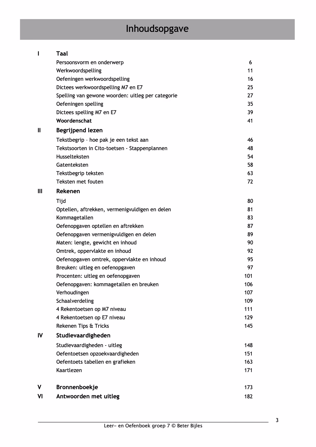 Inkijkpagina inhoudsopgave, Cito Oefenboek groep 7